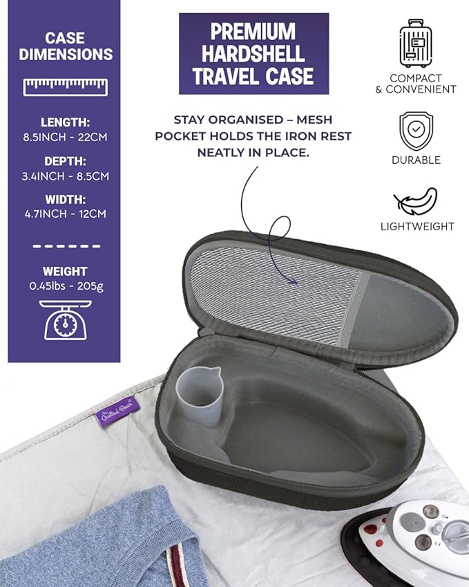 The Quilted Bear Premium Mini Steam Iron - Lightweight Mini Travel Iron for Effortless Quilting & Wrinkle-Free Clothes with Carry Case & Iron Rest Set - Travel Steamer for Clothes & Crafts (Black)