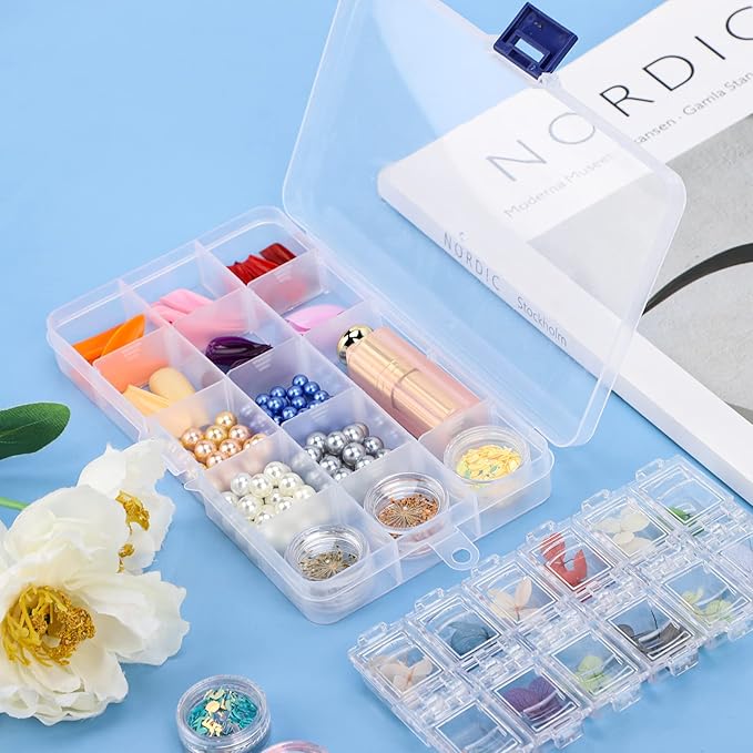 Fake Nail Storage Box, 3PCS 15-Grid Rhinestone Organizer Case with Divider, Clear Plastic Empty Container for Art Craft Sewing Screw Rock Collection Fishing Tackle, Bead Jewelry Display Holder