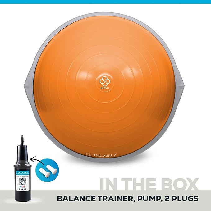 Bosu Balance Ball Exercise Trainer, Home Gym Equipment w/ Guided Workouts & Pump, 26", Blue - Inflatable Fitness Platform for Strength Training, Standing, Balancing, and Core Workout