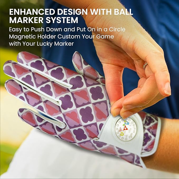 FINGER TEN Stylish Golf Gloves Women with Ball Marker 1 Pack for Left or Right Hand, Breathable Glove with Fashion Patterns for Ladies Right Left Handed Golfer