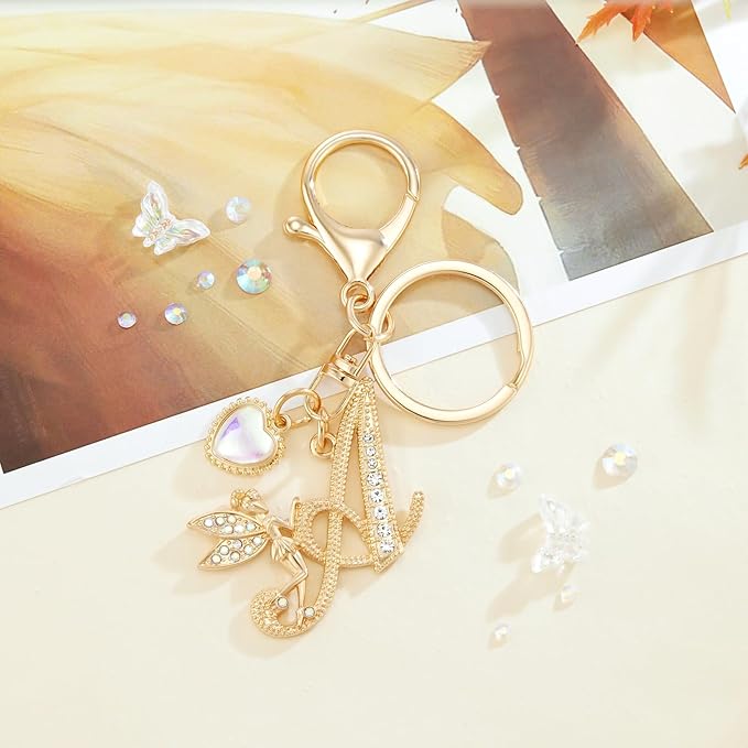 Gold Plated Alphabet Initial Letter Keyring Keychain for Women Girls Crystal Key Chains for Wallet Backpack Bag Charm