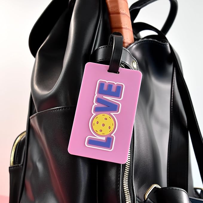Bag Tag – Golf, Pickleball, Tennis Racquet Shape, Flexible & Waterproof Silicone Luggage Tag, Secure Strap for Bag Identification, Great Tennis Gift for Players & Enthusiasts (Pickleball Love)