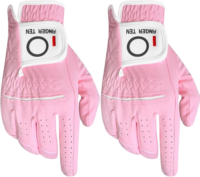 FINGER TEN Womens Ladies Golf Gloves Pair Both Hand or 2 Pack Left Right Hand, All Weather Grip & Comfortable Glove for Serious Performance, Stylish Pink White Fit S M L XL