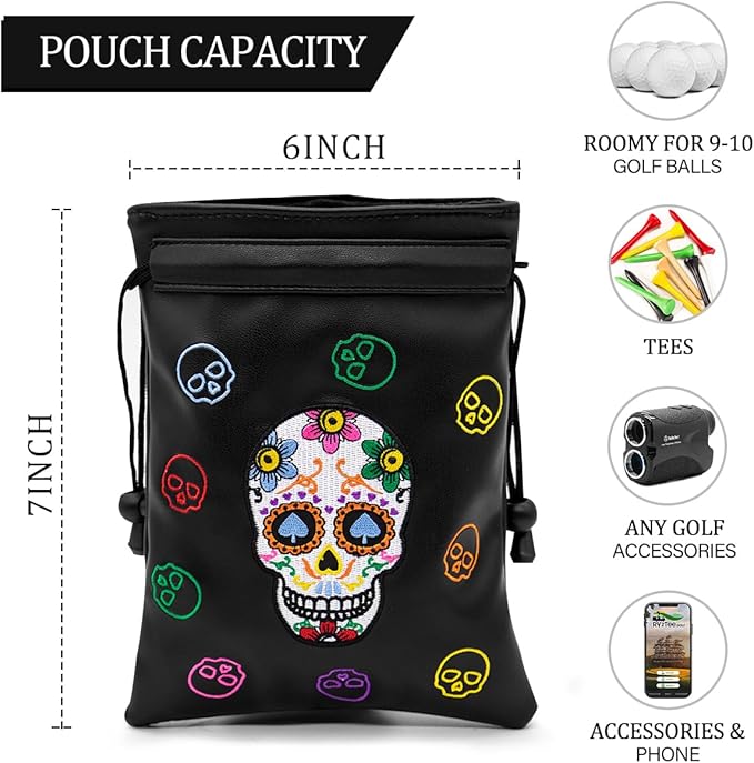 montela golf Valuables Pouch with Drawstrings Skeleton Golf Tee Pouch Leather Ball Bag for Men Women