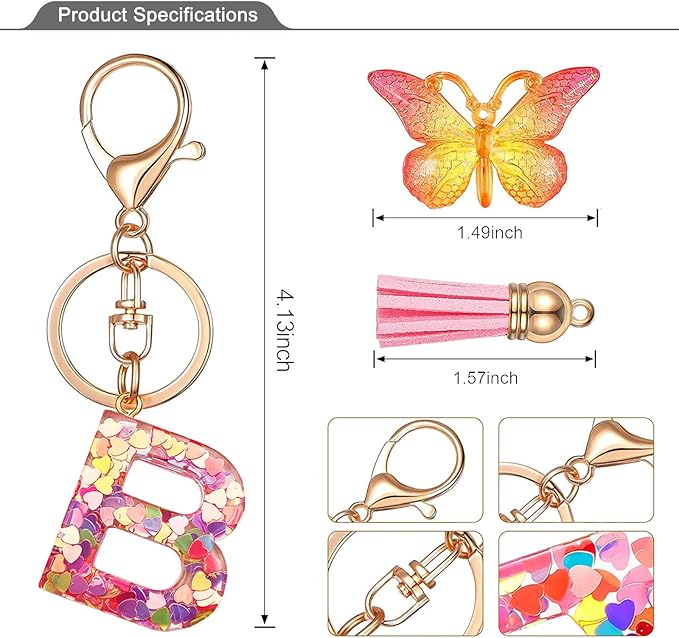 JINGUAZI Initial letter Keychains for Women Tassel Butterfly Pink Purple Cute Car Keychain for Wallet Backpack bag charm