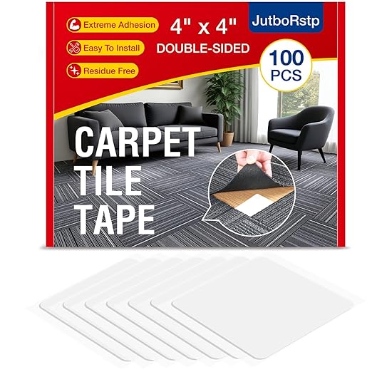 Carpet Tile Tape Double Sided, 4 x 4 Inches 100 Tabs, Rug Tape Grippers for Indoor Outdoor Use, Non Slip Adhesive for Area Rugs on Hardwood, Vinyl, Concrete Floors, Residue Free