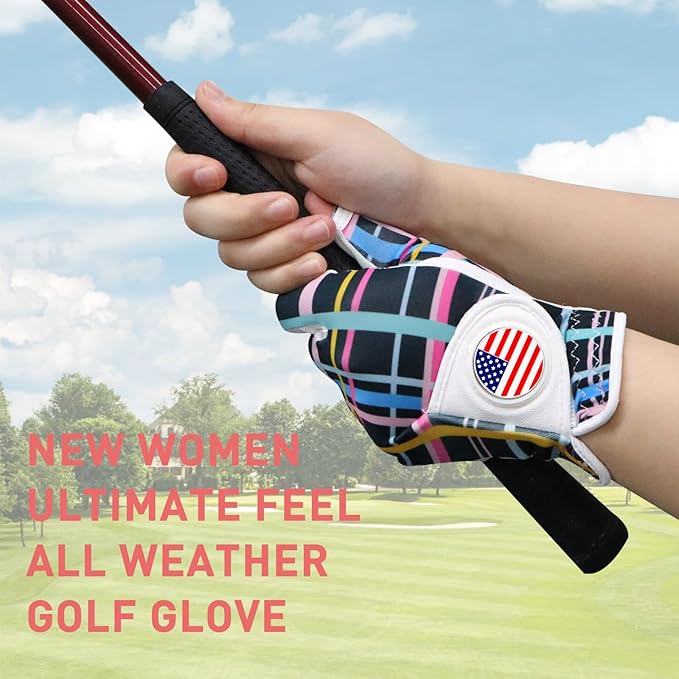 Golf Gloves Women with Ball Marker 2 Pack, Right Handed Golfer Left Hand, Ladies Breathable Soft All Weather Grip Glove Fit Size Small Medium Large XL