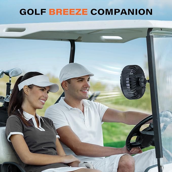 A2C Golf Cart Fan Rechargeable Magnetic Base Battery Operated Portable Fan 3 Speeds 4000 RPM Strong Airflow Compatible with Yamaha, EZGO, Club Car - 360° Rotatable Golf Cart & Cruise Ship Accessories