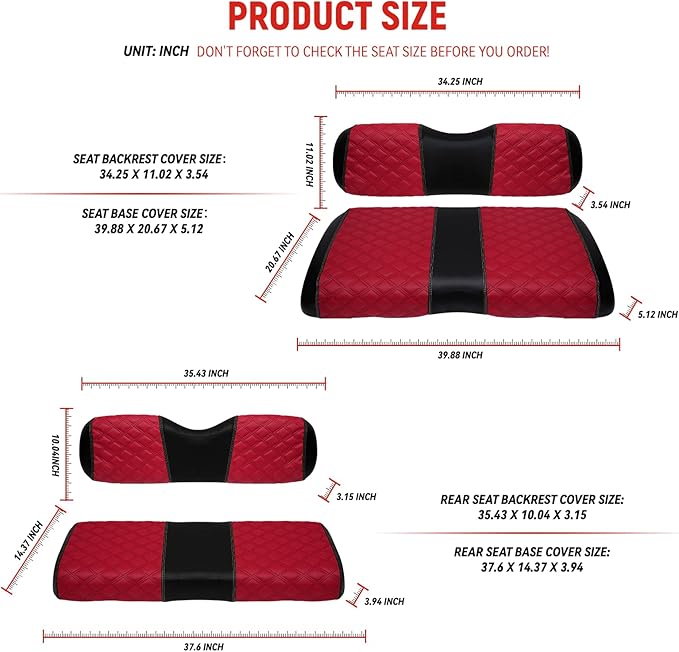 Golf Cart Front and Rear Seat Covers Waterproof and Sun Resistant Marine Grade Vinyl Leather Seat Cover Accessories for EZGO RXV 2008+, Deep Red(4PCS)