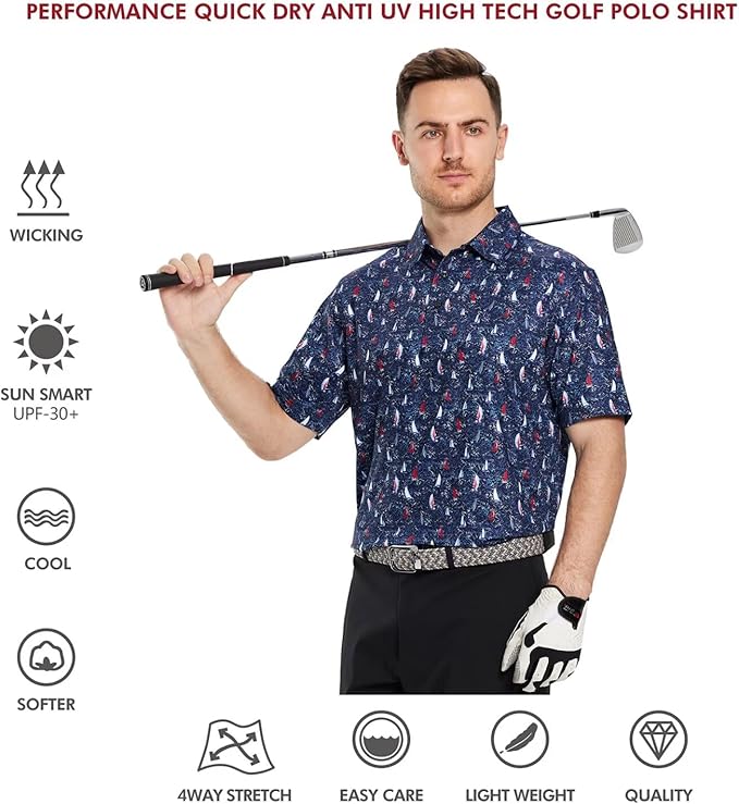 Golf Shirts for Men Dry Fit Short Sleeve Print Performance Moisture Wicking Polo Shirt