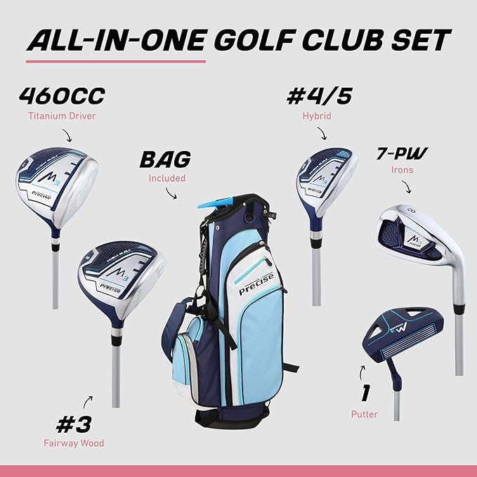Precise M3 Complete Womens Golf Clubs Set, Includes Driver, Fairway, Hybrid, 7-PW Irons, Wedge, Putter, Stand Bag, 3 H/C's Blue, Golf Clubs Women Right Handed, Regular or Petite Size