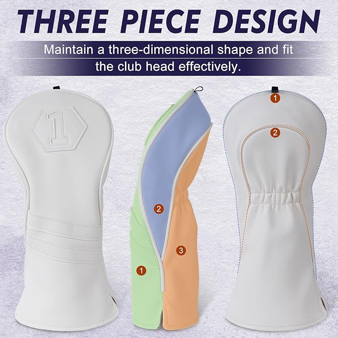 Golf Club Head Covers for Woods and Drivers, Premium PU Leather Striped Simple Golf Club Covers, Golf Headcovers Set All White, Customizable