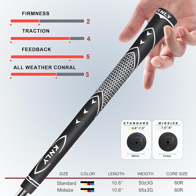KNLY Golf Grips Set of 13 - High Traction and High Feedback Rubber Golf Club Grips with Anti-Slip and All Weather Performance，13 Grips with 15 Tapes and 13 Grips with All Repair Kits for Choice.