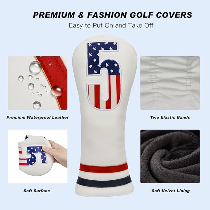 Golf Head Covers, 4pcs or 1pc USA Stars and Stripes Golf Club Covers for Woods and Driver Fairway Hybrid, PU Leather Golf Club Head Covers for Men Women with Interchangeable Tags, Fits Most Golf Clubs