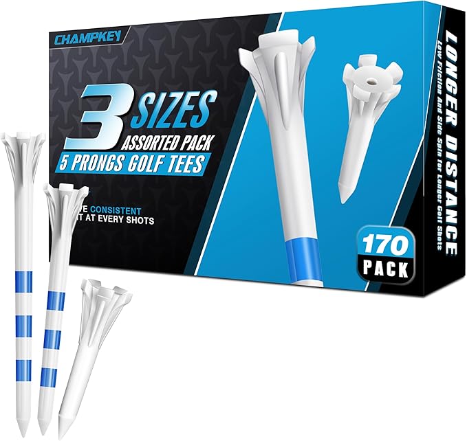 CHAMPKEY Professional 170 Pack 5-Prong Plastic Golf Tees 3 Sizes Assorted Pack - 100 Pcs 3-1/4" with 40 Pcs 2-3/4" and 30Pcs 1-1/2" Golf Tees Plastic