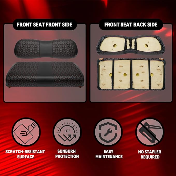 Golf Cart Seat Covers Front for Club Car DS 2000.5+ Standard Seat Cushion, EZGO Vinyl Leather Seat Cover Set Replacement Accessories, No Staples, Black(4 PCS)