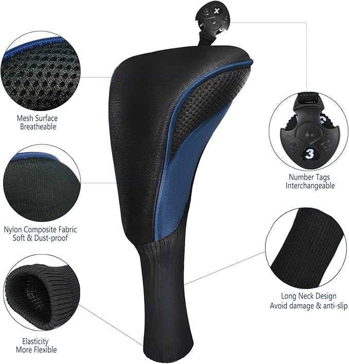 Golf Club Head Covers for Fairway Woods Driver Hybrids 3 Pieces Long Neck Mesh Sports Fan Golf Club Headcovers Set with Interchangeable No. Tags 3 4 5 6 7 X Golf Accessories for Men Women