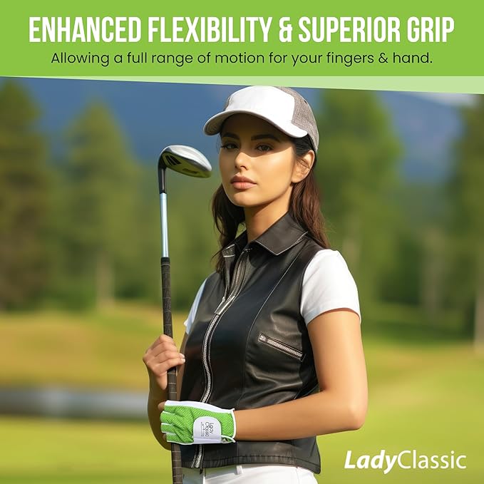 Mesh Half Golf Glove for Women – Premium Cabretta Leather Palm, Breathable Mesh Back, Half-Finger Design Ladies Golf Glove for Enhanced Grip & Comfort