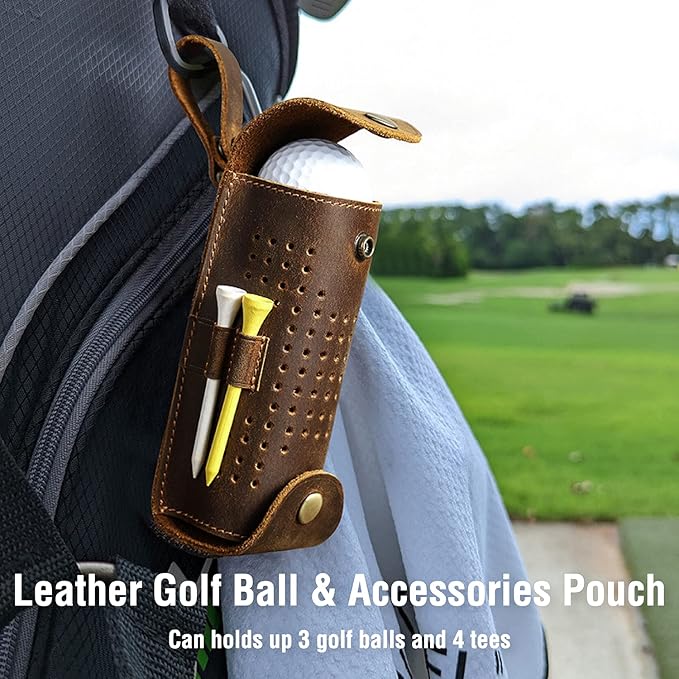 Top Grain Genuine Leather Golf Ball Pouch Holder, Vintage Design, Handmade No Logo, Portable and Holds Up to 3 Balls & 4 Tees, Golf Accessory Gift for Man & Woman