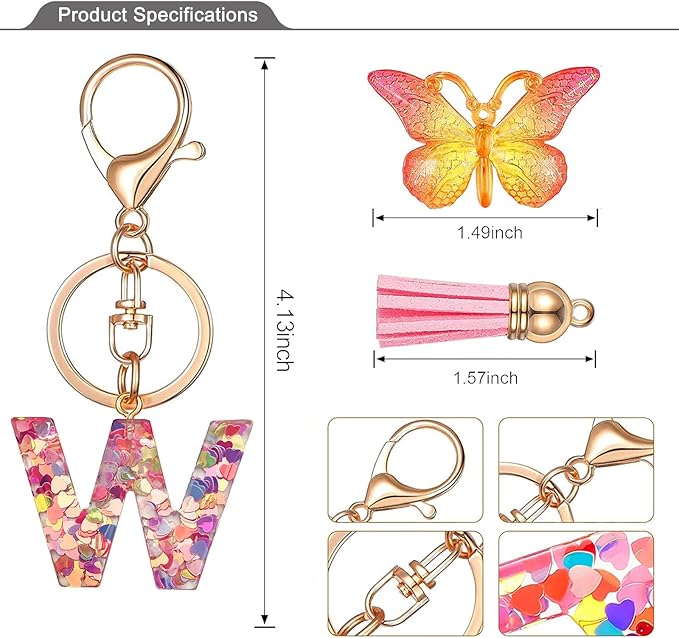 JINGUAZI Initial letter Keychains for Women Tassel Butterfly Pink Purple Cute Car Keychain for Wallet Backpack bag charm