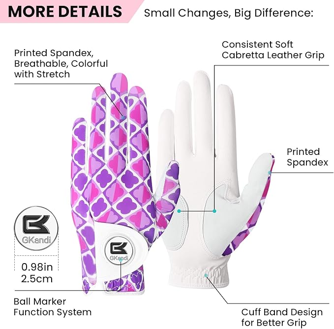 Ladies Golf Gloves Women Right Handed Golfer Left Hand Value 2 Pack with Ball Marker Leather All Weather Grip Breathable Soft Gift Set