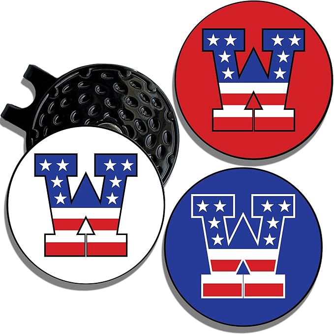 Wolf Golf Towels Golf Ball Marker Hat Clip | USA Monogram | 1 Magnetic Clip + 3 Ball Markers | Patriotic Golf Accessories for Men & Women