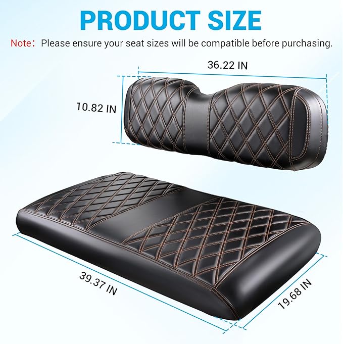 Golf Cart Diamond Seat Covers Kit Suitable for EZGO TXT Standard Front Seat Cushion, EZGO TXT Front Seat Covers Kit No Drilling & Waterproof (Black PVC Leather & Brown Stitching)
