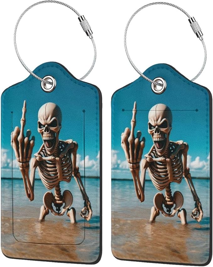 TSA Approved Luggage Tags Skeleton Beach Skull for Suitcases 2 Pack Funny Leather Carnival Cruise Airport Cute Travel Name Tags Golf Bag tag Ships Essentials Privacy Cover ID Label for Women Men