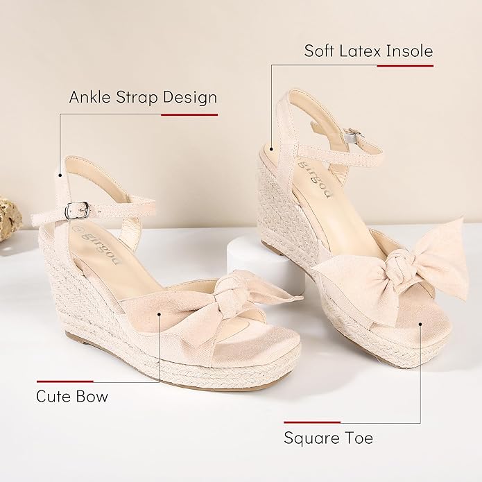 girgod Espadrilles Wedge Sandals for Women Bow Platform Wedges Heels Open Toe Ankle Strap Summer Wedding Wedges