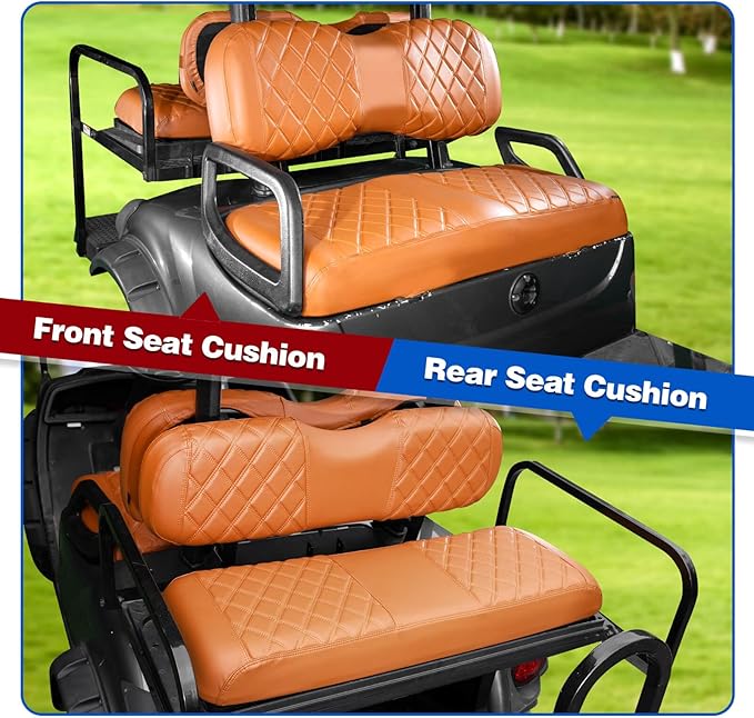 NOKINS 4PCS Golf Cart Seat Covers Kit, Front and Rear Seat Covers Fits YAMAHA/G29/Drive2 Standard Seat Cushion, Yamaha Vinyl Diamond Replacement Seat Covers, No Stapler(All Brown)