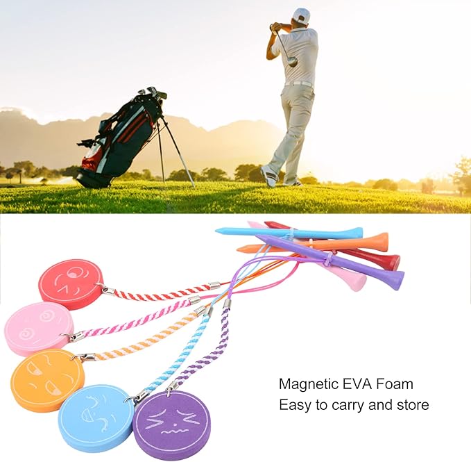 5Pcs 3 1/4 Inch Golf Wooden Tees with Anti Loss Rope Magnetic EVA Foam Multi Color Expression Pattern