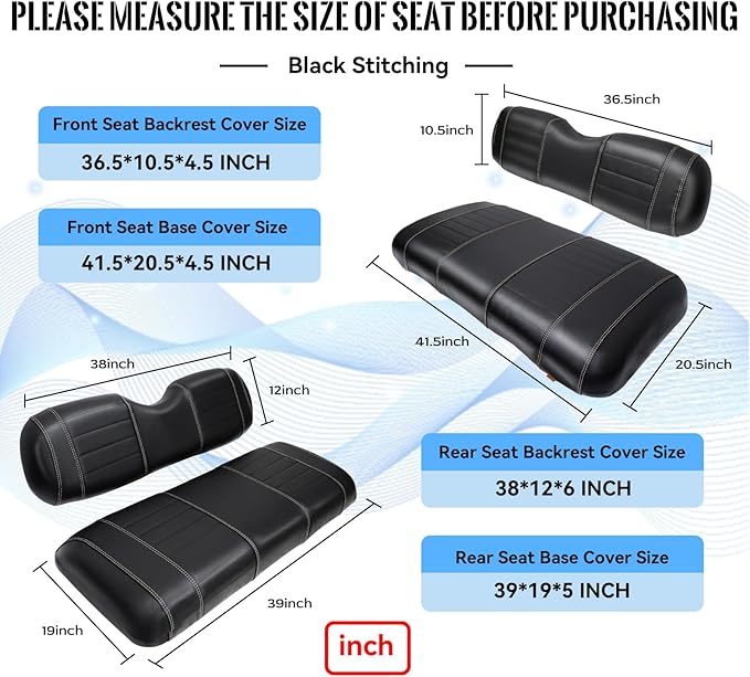 Golf Cart Seat Covers fits Club Car Precedent/DS/EZGO RXV/TXT/Yamaha Front Rear Seat Cushion，Black Leather Custom Stripe Soft Comfortable/Anti-Scratch/Easy to Clean