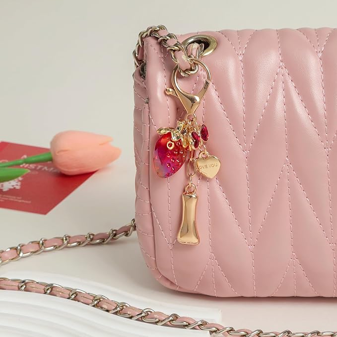 Snycler Bubble Initial Keychain with Strawberry & Bow- Gold Letter Bag Charms for Women, Cute Purse Handbag Accessories