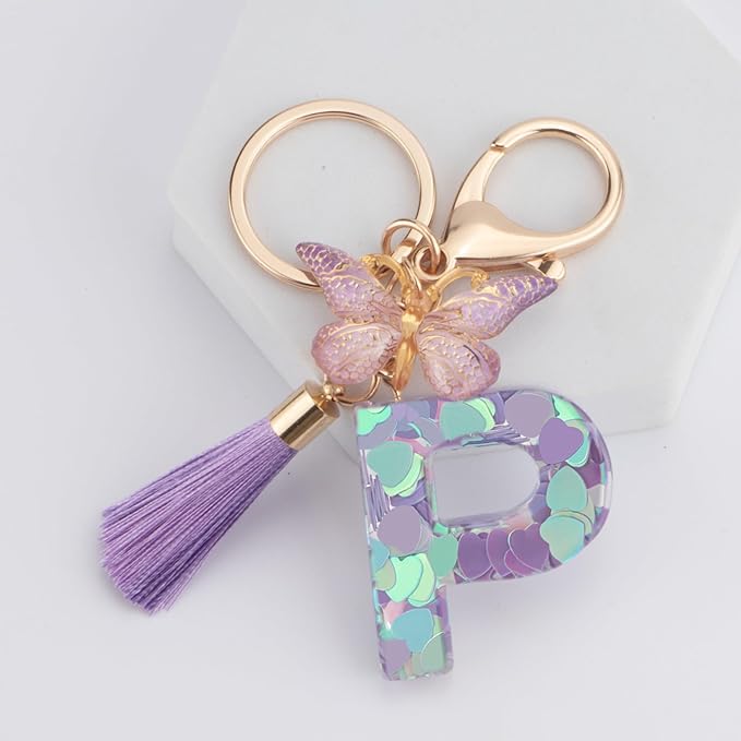 Suweibuke Colourful Cute Initial Letter Keychains for Women Girls with Tassel Butterfly, Charm for Purse Handbags Backpacks
