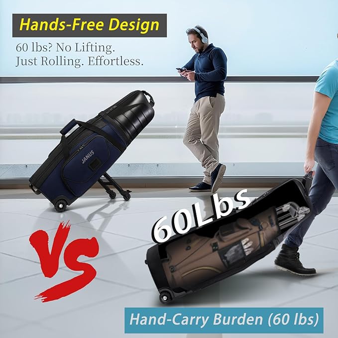 JANUS Golf Travel Bag Hard Case with Support Frame for Hands-Free 360 Spinner Wheels, Travel Bag for Airlines, ABS Hard Shell, Easy to Fold, Hand-Carry Option