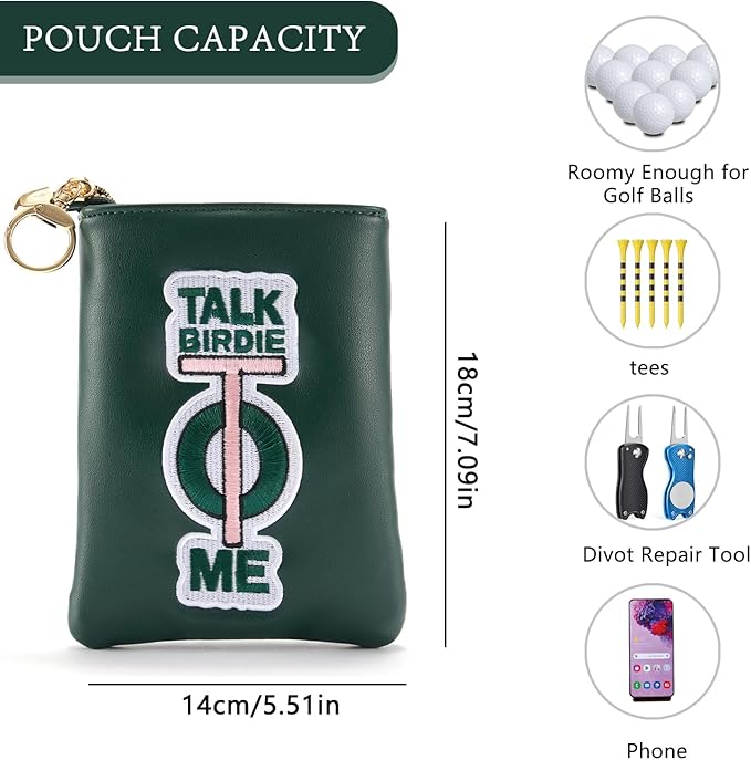 PINKTEE Golf Valuables Pouch Funny Golf Accessories Bag with Zipper Master Green Premiun Leather Golf Tee/Ball Pouch for Women Men (TALK BIRDIE TO ME, White stripe)