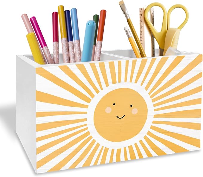 Boho Sunshine Pen Holder for Desk, Boho Classroom Decor Pencil Organizer, Cute Orange Yellow Sun Wooden Box Sign Desk Decor for Kids Room Nursery Playroom Classroom Decoration