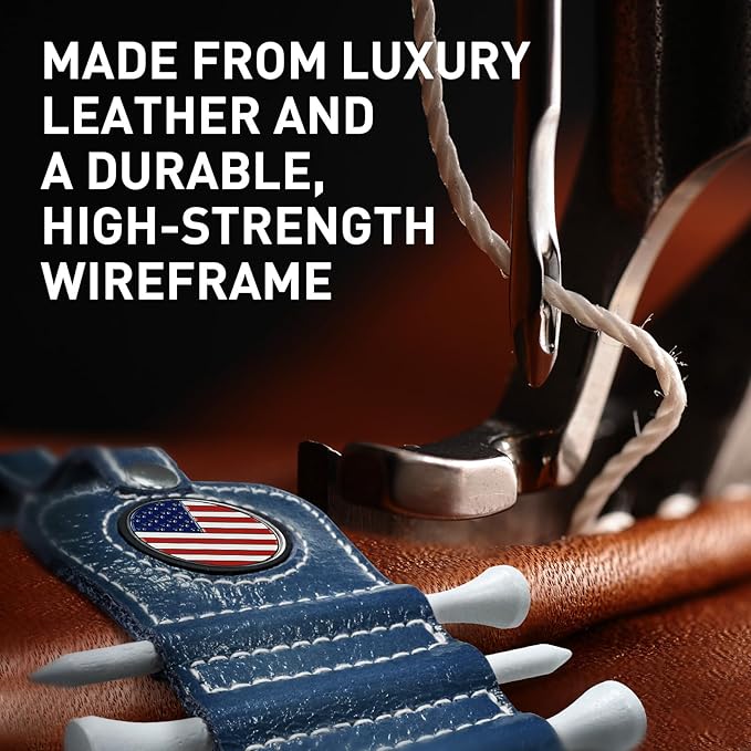 Golf Tee Holder with USA Ball Marker 4 Pcs White Wood Tees, Portable Hold Different Tee Leather Gift Hook Hanging Clip to Golf Bag Belt