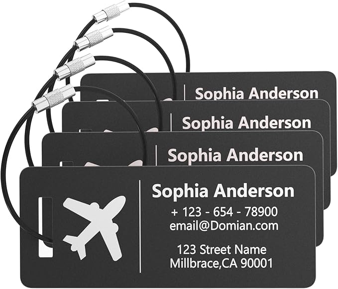 4 Pack Personalized Luggage Tags, Custom Engraved Aluminum Luggage Tags with Your Personalized Text, Waterproof Metal Name Tags with Steel Loop for Bags, Suitcase, Baggage, Backpack (Black, Small)