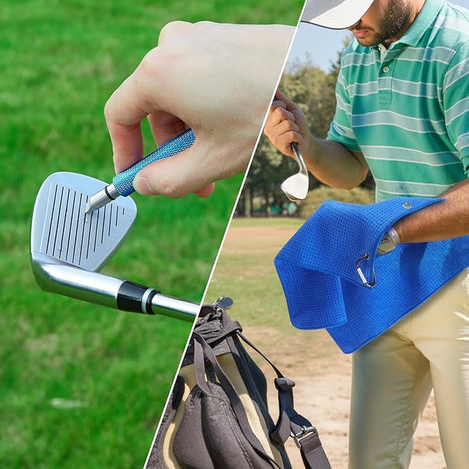 welspo Golf Club Cleaner with Water-Retractable Clip Holds 5oz of Water, Golf Towel, Essentials Golf Accessories Kit with Golf Groove Sharpener Tool, Divot Repair Tool with Ball Marker for Men/Women