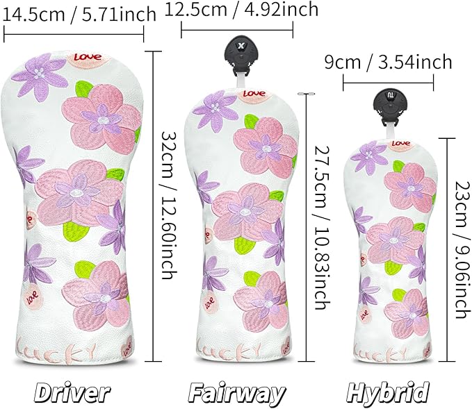 Golf Head Cover Golf Club Peach Blossom Design Golf Covers PU Headcovers Set Fits Driver Fairway Wood Hybrid Utility Woods Iron Wedge Headcover.