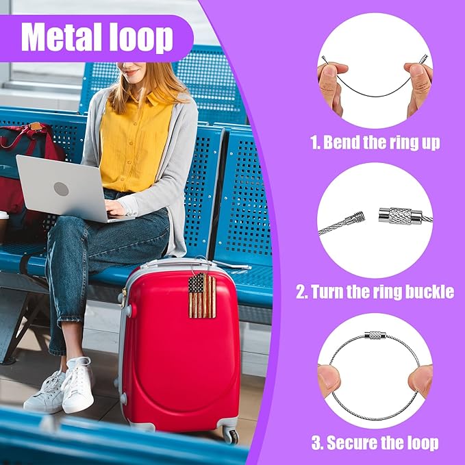 3 Pack Vintage American Flag Luggage Tags for Suitcase USA Flag PU Leather Travel Luggage Tag Privacy Cover ID Label for Women Men Baggage Backpack Handbag School Bag
