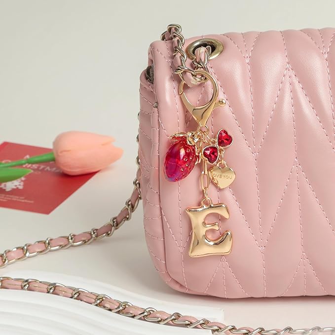 Snycler Bubble Initial Keychain with Strawberry & Bow- Gold Letter Bag Charms for Women, Cute Purse Handbag Accessories