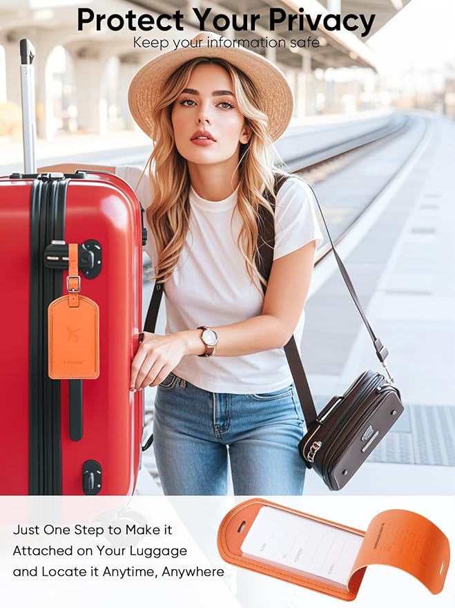 Luggage Tags Built-in Anti-Loss Tracker, Luxury Leather Luggage Tags for Suitcase, Travel Bags, Backpacks, Travel Organizer for Lost Baggage Prevention (Orange*4 Pack)