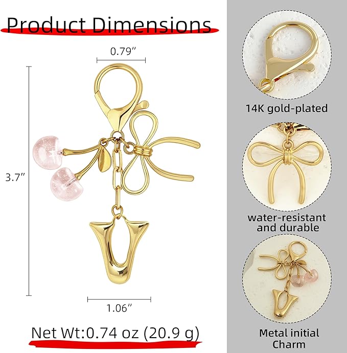 Gold Bubble Heart, Cherry, Bow & More Designs Letter Initial Keychain Bag Charms – Cute Purse Charms for Handbags