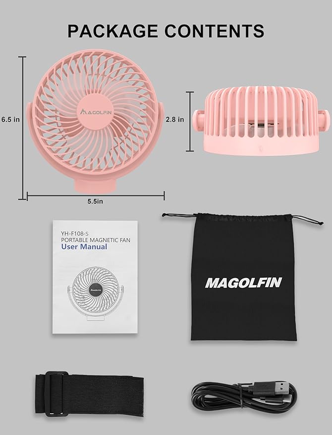 2-Pack Magnetic Golf Cart Fan Rechargeable, 12000mAH Battery Operated Portable Fan with 3 Speeds, LED Lantern, Magnetic Base, Suitable for EZGO Club Car Yamaha, Golf Cart & Cruise Ship Accessories