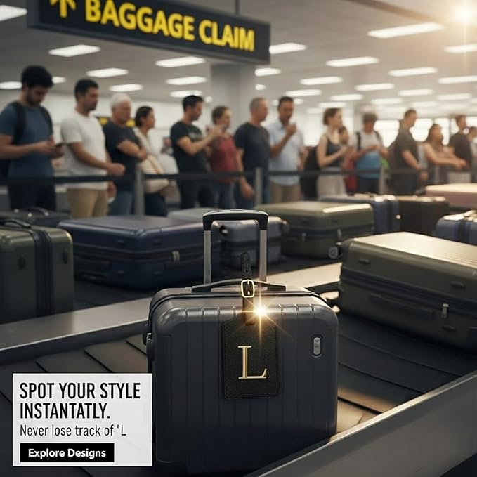 Personalized Initial Letter Luggage Tag for Suitcases PU Leather Baggage ID Tag with Metal Alphabet,Travel Accessory for Backpacks, Bags and Gift for Travelers (Black/Gold-Letter, L)