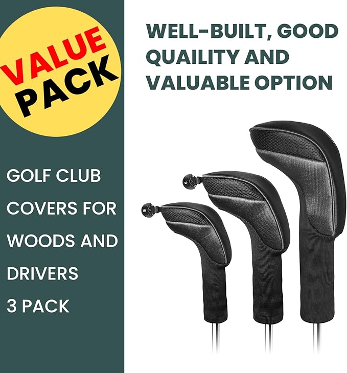 FINGER TEN Golf Club Head Covers for Woods Driver Fairway Hybrid Value 3/5 Pack, Long Headcover Interchangeable Accessories for Ultimate Club Protection