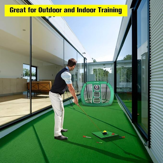 Pop Up Golf Chipping Net, Indoor/Outdoor Golfing Target Net Collapsible Portable Golf Hitting Net with 15 Training Balls and 2 Hitting Mats for Backyard Driving and Swing