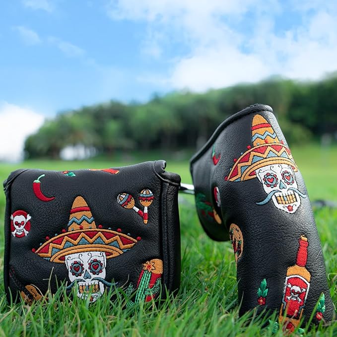 Golf Club Headcover for Drivers, Fairway Woods, Hybrids, and Mallet Blade Putter Sugar Skull Style Premium Leather Golf Headcovers Set with Interchangeable No. Tags